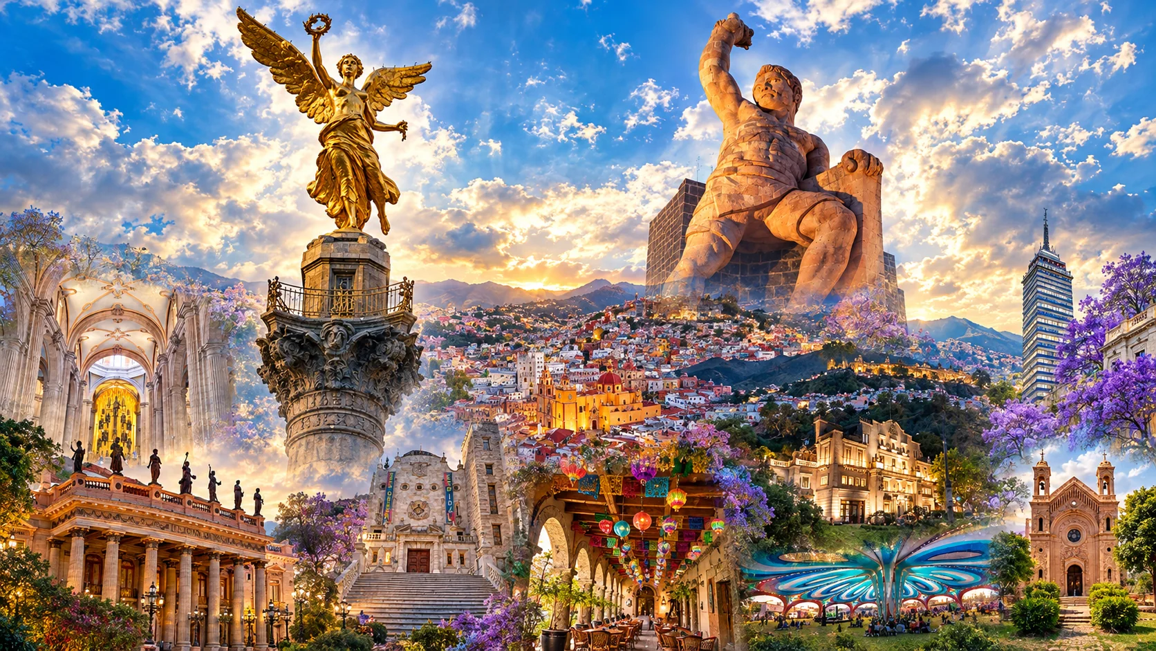 Composición de monumentos y paisajes de México, con el Ángel de la Independencia y el Pípila